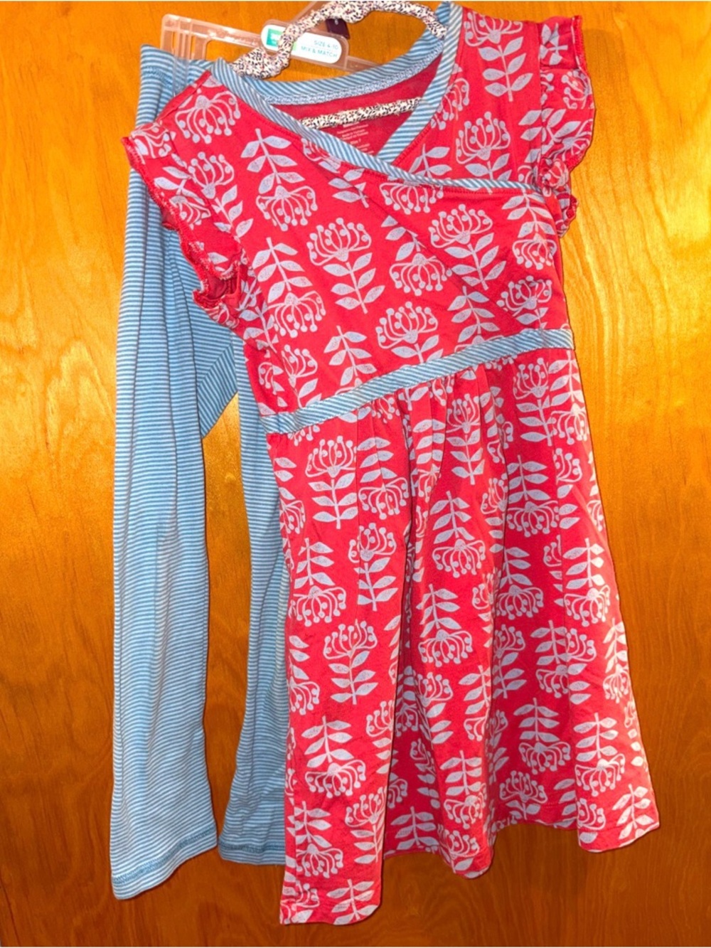 Tea Collection Girls Red Floral Wrap-Style Dress with Blue Stripe Trim Set